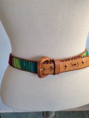 Leather Buckle Cotton Multi Color Woven Preppy Boho Guatemala Belt (Size: S)